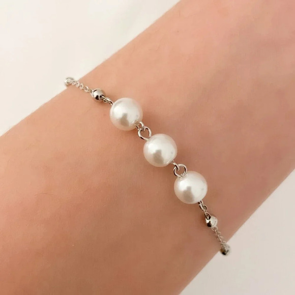 925 Sterling Silver Pearl Bracelet Bead Bracelet Dainty Stackable Bracelet - Picture 1 of 5